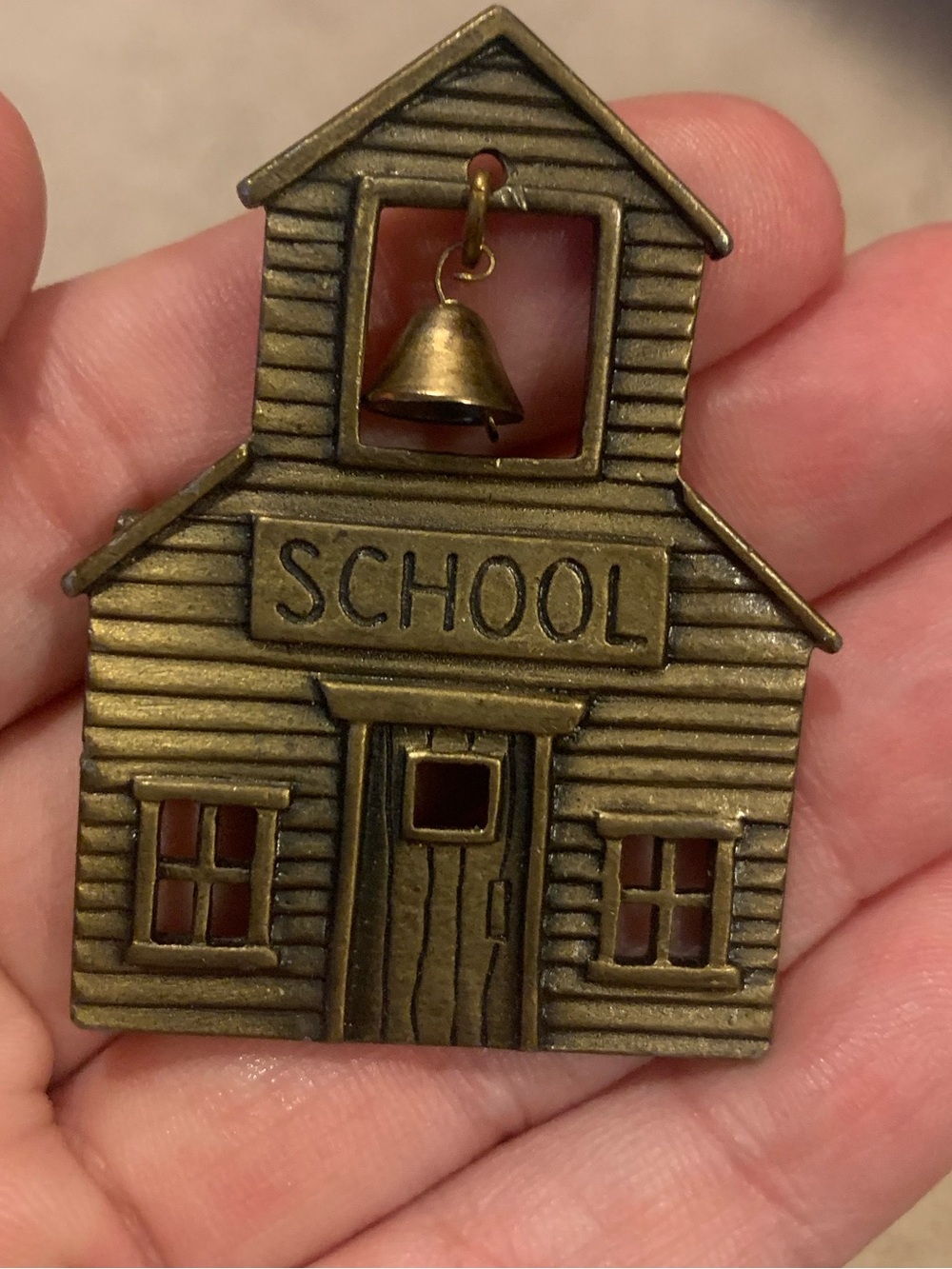 Vintage JJ Jonette School Brooch Pin W/ Dangle Bell Brass Tone